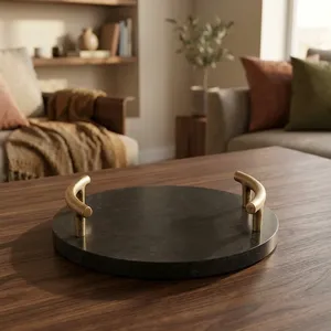 Plateau de service rond en marbre vert avec poignée dorée, plateau décoratif, plateau à fruits, organisateur de table basse pour la maison - Product Image 3