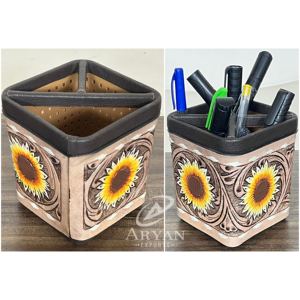 Porte-crayons et stylos rond en cuir véritable, fait main par un designer, style western, organiseur de bureau, accessoire scolaire - Product Image 1