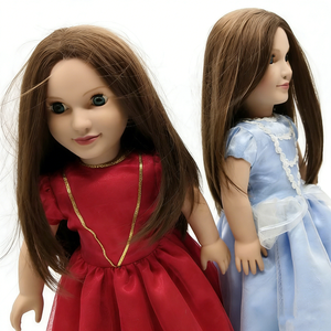 Ensemble de 2 robes de princesse en satin personnalisées pour poupées de 18 pouces, robe longue rouge avec bordure dorée et dentelle bleu clair - Product Image 3