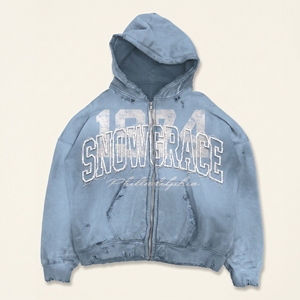 เสื้อฮู้ดซิป Snowgrace สีน้ำเงิน ทรงโอเวอร์ไซส์ สตรีทแวร์ผู้ชาย โลโก้ด้านหน้า ผ้าฝ้ายฟอก ทรงเฟรนช์เทอร์รี่ - Product Image 1