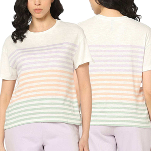 เสื้อยืดแขนสั้นคอกลมลายทางสำหรับผู้หญิง ทรงหลวม สวมใส่สบาย ผ้าถัก 100% คอตตอน ระบายอากาศได้ดี เหมาะสำหรับฤดูใบไม้ผลิและฤดูร้อน - Product Image 3