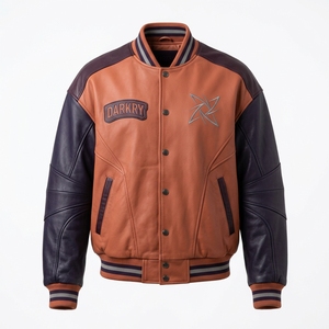 Chaqueta Deportiva Varsity Personalizada para Hombre, con Mangas Paneladas, en Color Naranja Arcilla y Morado Medianoche, Diseño OEM/ODM - Product Image 1