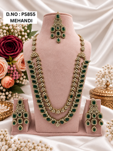 Radiant Cut CZ Stone Double Layer Long Necklace With Coordinating Tika & Dangle Earrings Fashion <b>Jewelery</b> Set For Women Supplier - Product Image 4