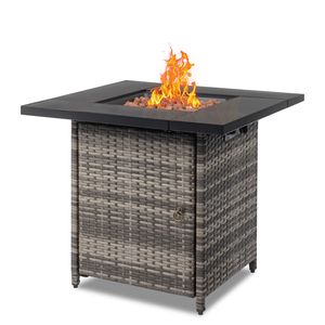 Tavolo da Esterno con Braciere da 28 Pollici, 50000 BTU, a Gas, in Pietra Vulcanica Nera, Forma Rettangolare, Include Accessori in Vetro per Fuoco - Product Image 1
