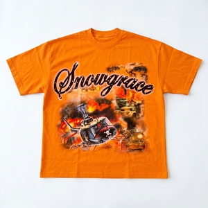 Camiseta naranja para hombre Snowgrace con estampado de helicóptero y tanque, manga corta, cuello redondo, ajuste casual tipo jersey - Product Image 1