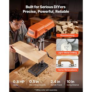 Trapano a Colonna da Banco 530-3140 RPM a Velocità Variabile con Tavolo Inclinabile 0-45 Gradi, 10 Pollici, 0.8 HP, 600W, 5 Amp - Product Image 2