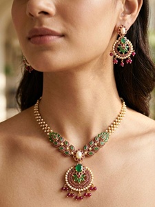 Ruby Emerald Pearl Gemstone <b>Necklace</b> Set 22K Gold Plated Indian Bridal Wedding Jewelry Ethnic <b>Statement</b> <b>Necklace</b> Earrings - Product Image 3