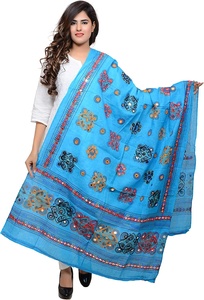 Fait à la main Rajasthani Phulkari broderie avec miroir travail à manches longues coton imprimé Dupatta pour adultes taille libre couvrir - Product Image 2