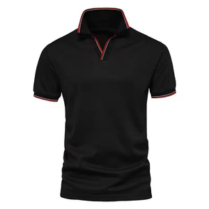 เสื้อเชิ้ตแขนสั้นสีดำล้วนสำหรับผู้ชาย ผ้าถัก สวมใส่สบาย ทรงปกติ แต่งขอบปกและปลายแขนสีแดง ผ้าฝ้าย 100% ป้องกันการยับ - Product Image 4