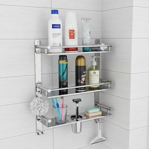 Stainless Steel 2 Tier Bathroom Shelf with Towel Holder Wall Mounted Bathroom Organizer Rack <b>Bath</b> Towel Bathroom Accessories - Product Image 5