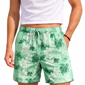 Short de bain décontracté pour homme à séchage rapide, imprimé floral tortue verte, avec cordon de serrage, taille mi-haute, longueur courte - Product Image 1