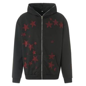 Sweat à capuche zippé pour homme de haute qualité, noir, avec motif graphique en strass, tissu épais, motif étoile rouge, effet diamant brillant, style streetwear. - Product Image 1