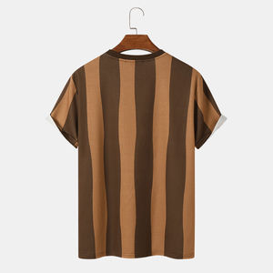 Camiseta Personalizada de Manga Corta con Cuello Redondo y Rayas para Hombre, 100% Algodón, Corte Regular, Tejido Informal, Diseño Estampado en Marrón y Beige - Product Image 2
