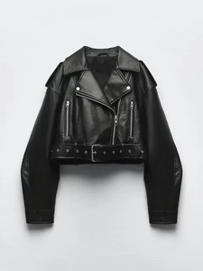 Chaqueta corta de cuero sintético PU para mujer, estilo vintage retro, holgada, con cremallera, para motociclista, ropa de calle, con cinturón, para invierno - Product Image 4