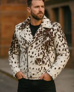 Veste en cuir de vache véritable pour homme, imprimé animal, col rabattu, fermeture éclair, style motard, vêtements d'hiver - Product Image 1