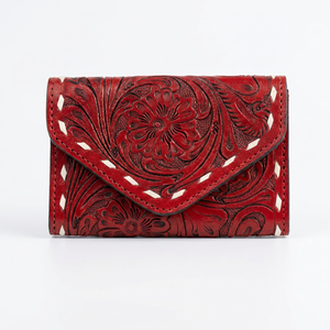 Red Color 100% Genuine Leather Fold <b>Wallet</b> With Embossed Floral Design Hollow Out Pattern Handmade Vintage Women's Short <b>Wallet</b> - Product Image 1
