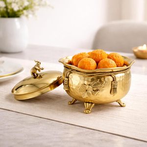 Brass Elephant Handi with Lid Antique Finish Decorative Storage Pot with <b>Floral</b> Design Legs Masala <b>Box</b> Dry Fruit Contain - Product Image 6