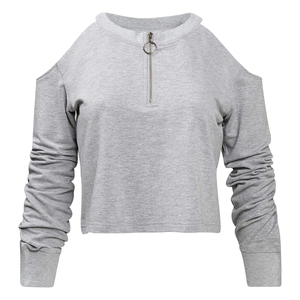 Ensemble de survêtement 2 pièces gris pour femme, col rond, fermeture éclair, haut court à manches longues, pantalon de jogging à taille élastique – Vente chaude - Product Image 2
