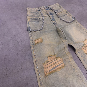 Pantalones Vaqueros Holgados Personalizados para Hombre, Corte Recto, 100% Algodón, Lavado Ácido, con Decoración de Botones, Transpirables, Diseño Sólido - Product Image 5