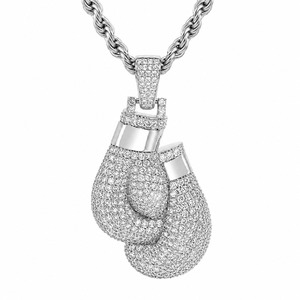 Iced Out Boxing Gloves Pendant 18K White Gold Rhodium Plated Micro Pave Crystal Men's Hip Hop Rope Chain <b>Necklace</b> - Product Image 5