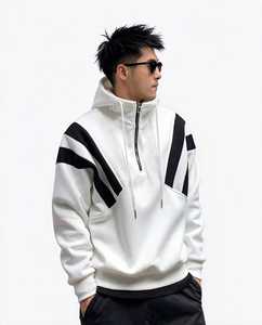 <b>Men's</b> Plus Size Color Blocked Quarter Zip Hoodie Knitted Hooded Sweatshirt White Black - Product Image 2