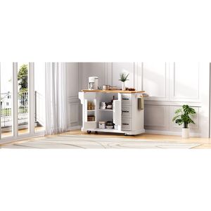 Isola da Cucina K K da 56 Pollici con 4 Ripiani, Presa di Corrente, Strisce Verticali in Rilievo, Piano Ribaltabile in Impiallacciatura di Legno di Gomma - Product Image 3