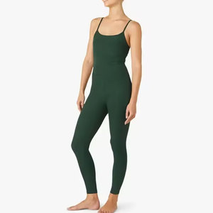 Combinaison de yoga pour femme, vert foncé, taille haute, bretelles spaghetti, sans manches, couleur unie, coupe ajustée, longueur intégrale, respirante - Product Image 5