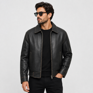 Veste en cuir véritable marron pour homme, style vintage délavé, veste bomber décontractée, veste de motard, fermeture éclair, OEM ODM - Product Image 5
