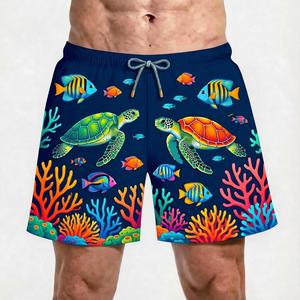 Bañadores de secado rápido para hombre con estampado de tortuga marina tropical, cintura media, cordón ajustable, pantalones cortos informales, 100% poliéster tejido - Product Image 1
