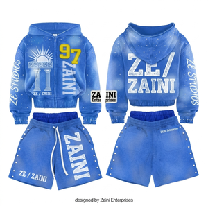 Conjunto de Sudadera con Capucha y Pantalones Cortos de Felpa de Algodón Premium de 340 GSM, Transpirable, Azul Sólido, para Invierno, con Cierre, Personalizable con Logotipo e Impresión de Pedrería - Product Image 1