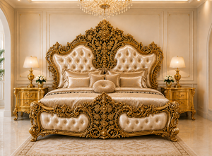 Colección de Dormitorio Royal Aurelia Palace, Cama King Size de Madera de Teca Tallada a Mano en Oro Antiguo con Mesitas de Noche a Juego, Juego de Muebles - Product Image 3