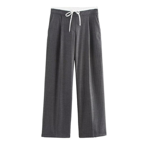 Women Mid Waist Oxford Fabric Viscose/Cotton Drawstring Closure Hip Hop Style Spring <b>Summer</b> Loose Casual Straight Leg <b>Trousers</b> - Product Image 3
