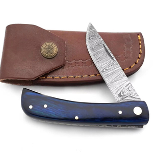 มีดพับเหล็กดามัสกัส Nordic Forge ด้ามไม้ Pakka พร้อมปลอกหนัง มีดพกพา EDC สำหรับล่าสัตว์และตั้งแคมป์ ทำด้วยมือ - Product Image 1