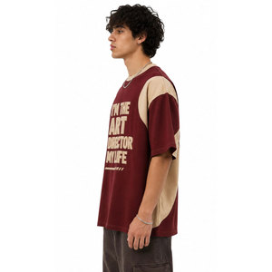 <b>Men's</b> Oversized O-Neck T-<b>Shirt</b> Maroon Beige Contrast Sleeve Printed Letter Design Casual Short Sleeve Cotton Embossed T-<b>Shirt</b> - Product Image 6