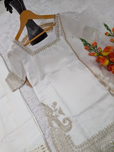 Robe de mariée traditionnelle pour femmes, Salwar Kameez, en soie blanche brodée, longueur au sol, vêtements ethniques d'Inde et du Pakistan - Product Image 6