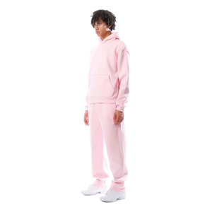 Chándal Unisex Rosa con Capucha, Largo, Color Sólido, Algodón, Ropa Casual, Corte Holgado, Bolsillos Laterales, Cintura Elástica, Estilo Otoñal - Product Image 2