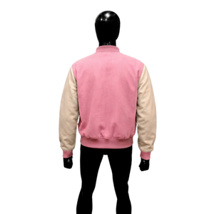 Chaqueta universitaria de lana rosa claro personalizada con mangas blancas crema para hombre, chaqueta bomber de béisbol Letterman premium al por mayor, clásica - Product Image 2