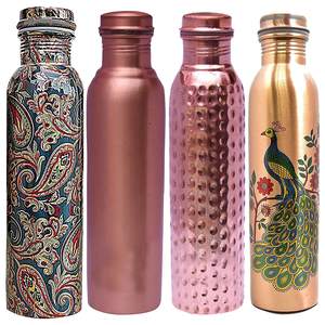 Custom Printed Copper Water Bottle Collection Paisley Peacock Hammered Matte Finish Designer Drinkware OEM Wholesale Gift - Product Image 1