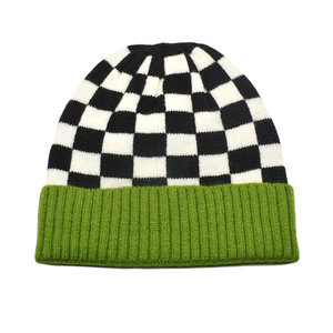 Unisex Checkered Beanie Hat Black White Green Ribbed Cuff Knit <b>Winter</b> <b>Cap</b> Adult 56-58CM Casual Style - Product Image 1