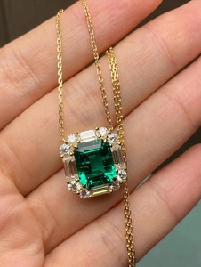 4.5ct Lab <b>Emerald</b> <b>Pendant</b> Green Gemstone Necklace 18k Gold Art Deco Halo Charm Baguette Diamond Necklace <b>Pendant</b> - Product Image 2