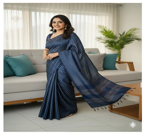 Sari bleu marine en soie Katan pour femme, tenue ethnique rayée traditionnelle avec blouse, tissu inclus. - Product Image 1