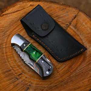 Navaja de Bolsillo de Acero Damasco y Cobre de Edición Limitada, Hecha a Mano con Mango de Madera, Plegable, para Camping y Caza, Regalo Personalizado Único - Product Image 3
