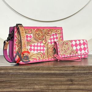 Conjunto de Bolso y Cartera de Cuero Vacuno Hecho a Mano, Diseño Personalizado de Fábrica, Precio Bajo, Patrón a Cuadros Rosa y Blanco - Product Image 1