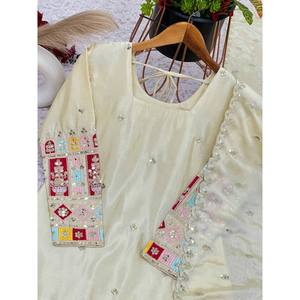 Beautiful <b>Top</b>-Gharara and Dupatta Embroidered Silk Salwar Kameez for <b>Weddings</b> - Product Image 6