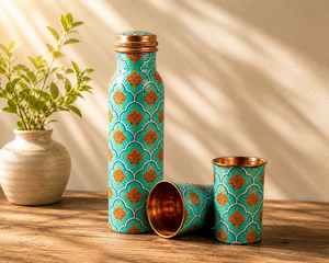 Meena Crafted Double Wall <b>Large</b> Capacity Copper Water Bottle Set with Leak Resistant Tumblers-Home Gift Set - Product Image 1