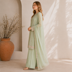 Conjunto de Salwar Kameez Tradicional Bordado en Chifón Verde Claro Premium para Mujer, Corte Regular, para Primavera, Uso Formal/Casual, Sin Arrugas - Product Image 3