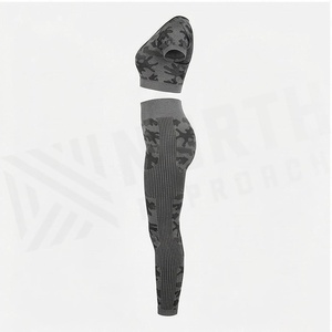 North Approach 2 Piece Yoga Set Camouflage Print High Waist Full Length <b>Leggings</b> <b>Crop</b> Top Short Sleeve Scoop Neck Racerback - Product Image 3