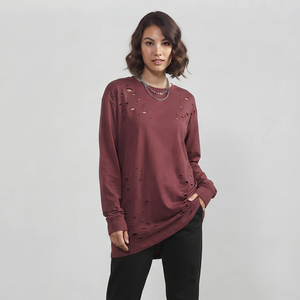 T-shirt à manches longues pour femme, style grunge vieilli, délavé à l'acide, coupe oversize, épaules tombantes, streetwear décontracté - Product Image 4