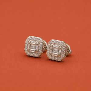Baguette Round <b>Moissanite</b> Diamond <b>Earring</b> In S925 Octagon Stud Design - Product Image 2