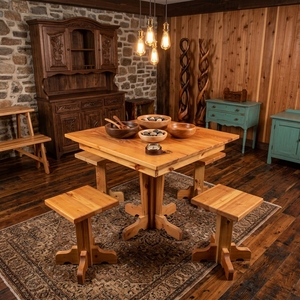 Table à manger carrée rustique en bois massif avec 4 tabourets, base sur piétement, artisanale, pour cuisine, coin petit-déjeuner ou salle à manger - Product Image 6
